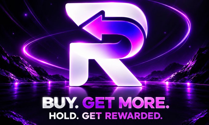 A promotional graphic features a stylized 'R' logo with the text 'BUY. GET MORE. HOLD. GET REWARDED.' against a purple cosmic background.