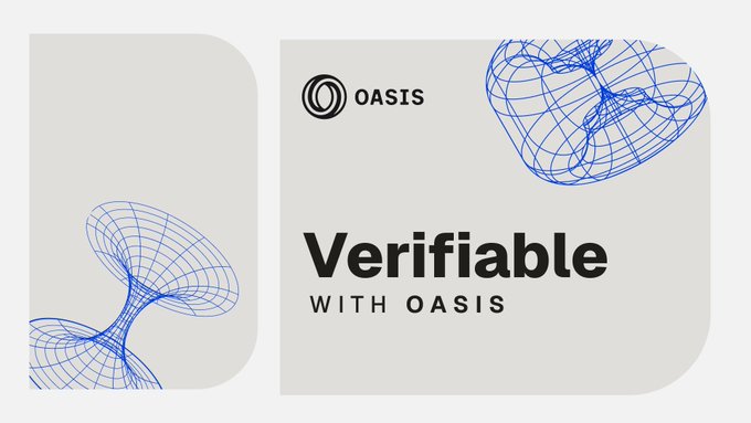 Two promotional cards for OASIS, with the right one reading "Verifiable WITH OASIS," featuring abstract blue wireframe graphics on a white background.