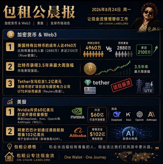 A Chinese-language financial newsletter titled '包租公晨报' dated 2026年8月24日, covering cryptocurrency news (Bitcoin holders, Tether's $1.2B project), and US stocks (Nvidia, Alibaba), branded 'ON-CHAIN LANDLORD'.