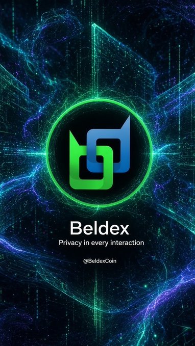 Beldex cryptocurrency promotional graphic featuring a green and blue logo with the tagline 'Privacy in every interaction' and handle @BeldexCoin.