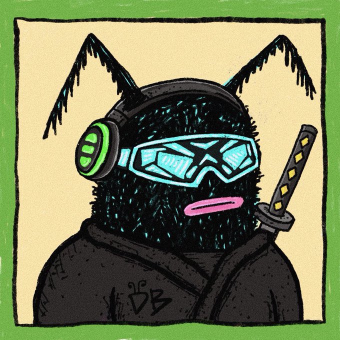 A stylized illustration of a fuzzy black ninja-like character with antennae, wearing cyan-tinted VR goggles and green headphones, holding a katana sword against a cream background with a green border.