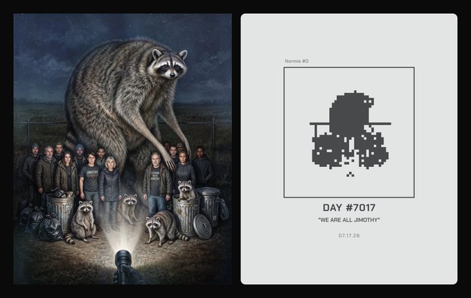 An image featuring a surreal illustration of a giant raccoon standing behind a group of people with smaller raccoons, next to a pixel-art design labeled 'Nommie #0 DAY #7017 WE ARE ALL JIMOTHY' dated 07.17.25.
