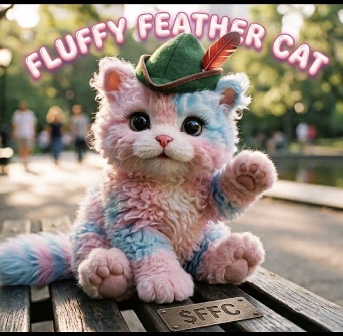 A promotional image for "FLUFFY FEATHER CAT" ($FFC) featuring a fluffy pink and blue plush-style kitten wearing a green Tyrolean hat with a red feather, sitting on a wooden bench.