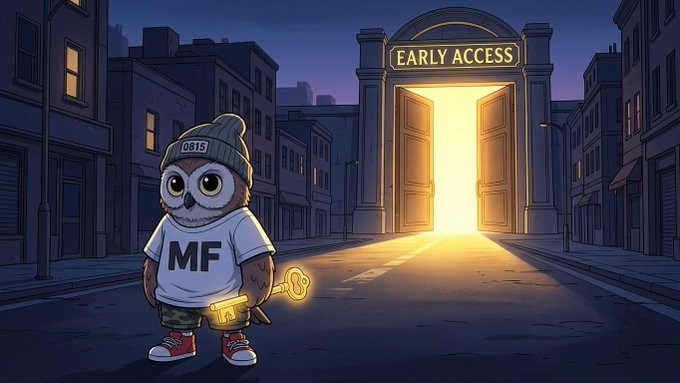 A cartoon owl wearing a beanie marked "0815" and an "MF" shirt stands at a city street entrance, holding a glowing key that unlocks a golden gate labeled "EARLY ACCESS," symbolizing the exclusive early opportunity to join Quant AI before mainstream adoption.
