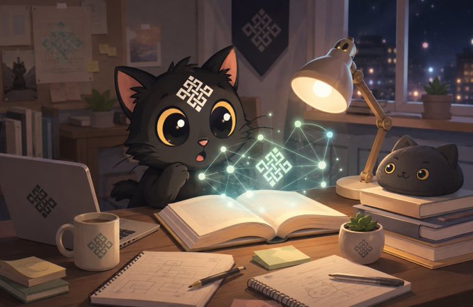 An illustrated scene of a cute black cat with QR-code-like markings on its forehead reading a glowing book under a desk lamp at night, accompanied by a smaller gray cat figurine.