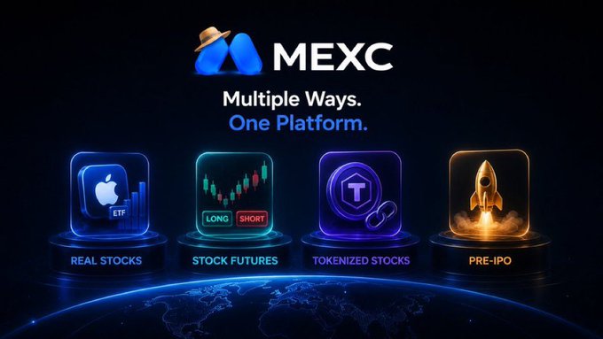 A MEXC promotional banner titled 'Multiple Ways. One Platform.' showcases four investment options: Real Stocks (ETF), Stock Futures (Long/Short), Tokenized Stocks, and Pre-IPO.