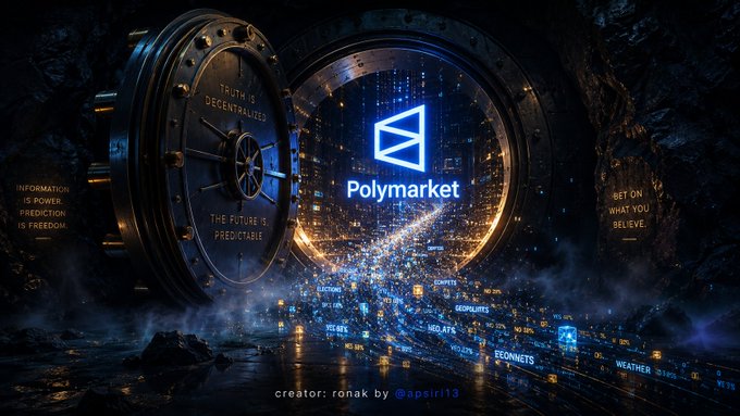 A vault door opens to reveal the glowing Polymarket logo, with the inscription "Truth is Decentralized" on the lock and surrounding words like "The Future is Predictable," "Information is Power, Prediction is Freedom," and "Bet on What You Believe," alongside floating market categories such as elections, crypto, geopolitics, and weather. The imagery of an unlocking vault symbolizes how Polymarket provides access to truth through decentralized prediction, complementing the post's message about letting market insights shape reactions to breaking news rather than relying on snap personal judgments.
