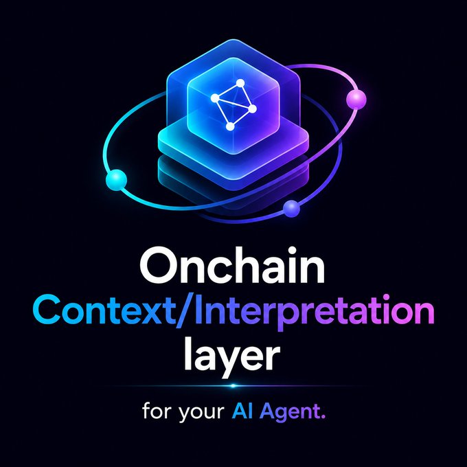The image features a logo for an AI Agent that includes a cube with blue dots inside of it. The text "Onchain Context/Interpretation Layer" is written below the logo, indicating that this context layer can be used by agents for their AI capabilities.