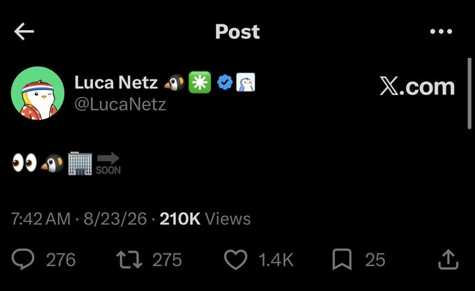 A screenshot of a post from X.com by Luca Netz (@LucaNetz) showing 210K views, 1.4K likes, and 276 replies, with the caption teasing a conspiracy theory about Igloo Inc. and Robinhood tied to a video hinting at "Winter is coming."