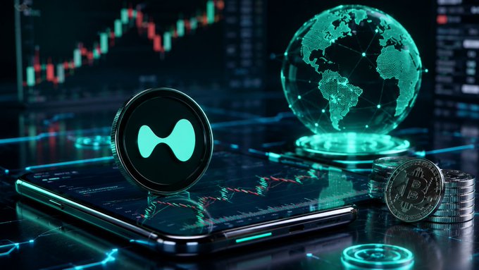 The image features an animated view of a cell phone showing a cryptocurrency exchange called Hyper Liquid. The Bitcoin price shown on the screen is $4,500. The mobile device displays various elements associated with crypto trading, such as Bitcoin transactions and cryptocurrency coins displayed in front of it. There are other things scattered around the scene, including a globe, a coin, stacks of money, and a watch.