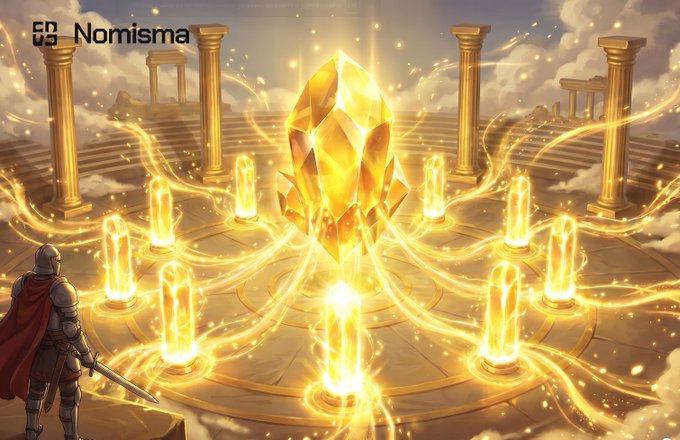 A fantasy illustration by Nomisma depicting a knight with a sword facing a giant glowing golden crystal surrounded by smaller magical crystals on a celestial platform with classical columns, with swirling golden light streams.