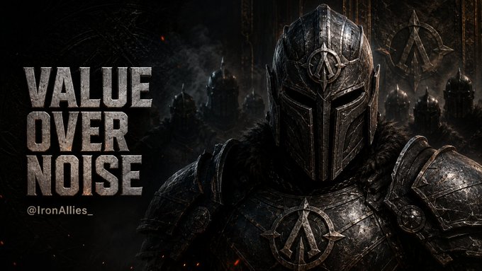 A dark, atmospheric digital artwork features an armored knight in medieval-style plate armor with the text 'VALUE OVER NOISE' and '@IronAllies_' displayed on the left side.
