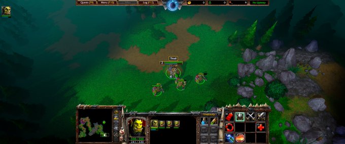 A screenshot of the classic real-time strategy game Warcraft III, showing an Orc hero and units selected on a grassy map with the game's UI visible at the bottom.