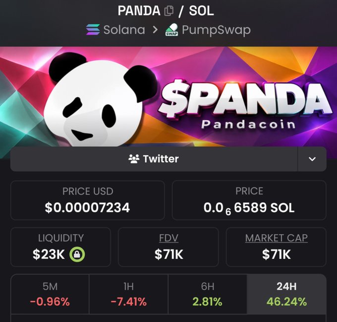 A cryptocurrency token page for 'PANDA / SOL' (Pandacoin) on the Solana blockchain via PumpSwap, showing a price of $0.00007234, liquidity of $23K, and a 24H change of 46.24%.