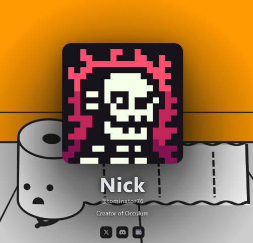 The image features a pixel-art profile card for "Nick" (@tominator76), "Creator of Occulum," displaying a skull graphic within a pink and black border, set against an orange backdrop with a toilet paper roll illustration. The post announces a giveaway of 3 FORMS to holders who set a FORM as their PFP on X and ORD.net collector profiles, which ties into the imagery as both feature distinctive pixel-art designs from the same creator's collection.