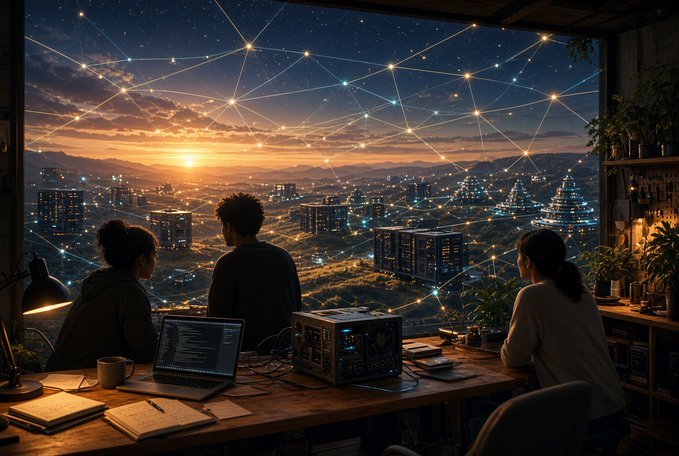 An illustration of three people sitting at a desk with laptops and mining hardware, looking out at a cityscape at sunset overlaid with a network of connected nodes.