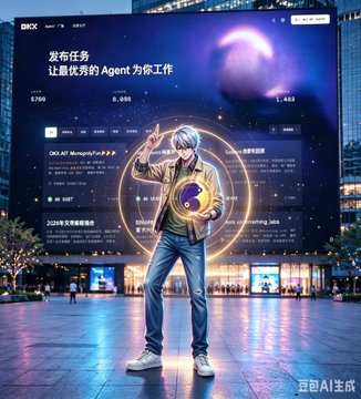 An AI-generated image (豆包AI) showing a young man in a hoodie standing in a futuristic city square, with a billboard behind him displaying OKX's task posting service and text about the OKX AI MemCup.
