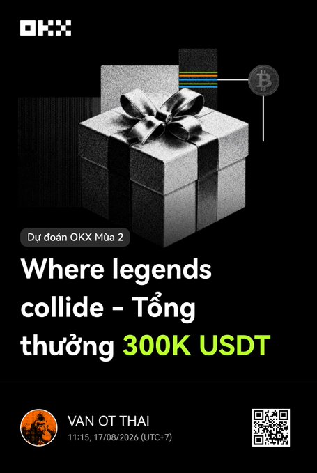 A promotional graphic for OKX featuring a black gift box and text in Vietnamese and English announcing "Tổng thưởng 300K USDT" (Total prize 300K USDT) for an event featuring "VAN OT THAI."
