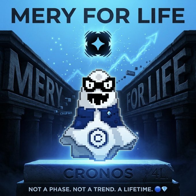 A pixelated, masked hooded figure stands on a stone pedestal inscribed with "CRONOS 4L" beneath a glowing blue emblem, with "MERY FOR LIFE" emblazoned across the temple-like background and a tagline reading "NOT A PHASE. NOT A TREND. A LIFETIME."—reinforcing the $MERY cryptocurrency's branding as a long-term, cult-like movement rather than a passing trend.