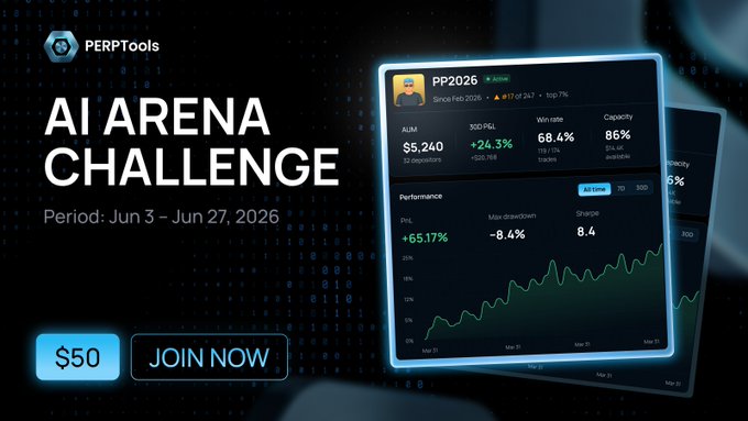 The image features a poster for an AI Arena Challenge, which appears to be a competition where participants need to deposit money into an AI agent's account within a specific time frame. The poster also displays the challenge period, prize pool, and requirements.