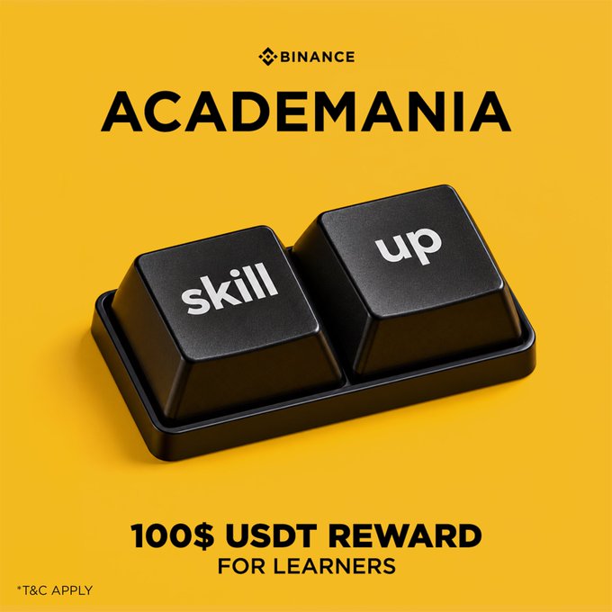 A Binance Academania promotional graphic features two large black keyboard keys labeled "skill" and "up" against a yellow background, promoting their "Skill-Up" challenge offering a $100 USDT reward for learners who complete courses.