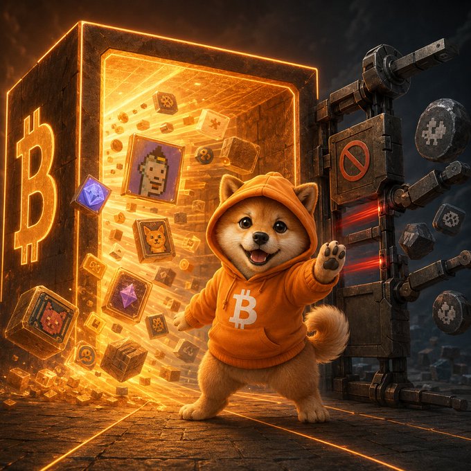 A Shiba Inu in an orange hoodie emblazoned with the Bitcoin symbol ₿ stands triumphantly before a glowing vault also marked with the Bitcoin logo, as digital blocks burst outward. This scene underscores the post’s claim that the network—not gatekeepers—should decide which transactions are valid.