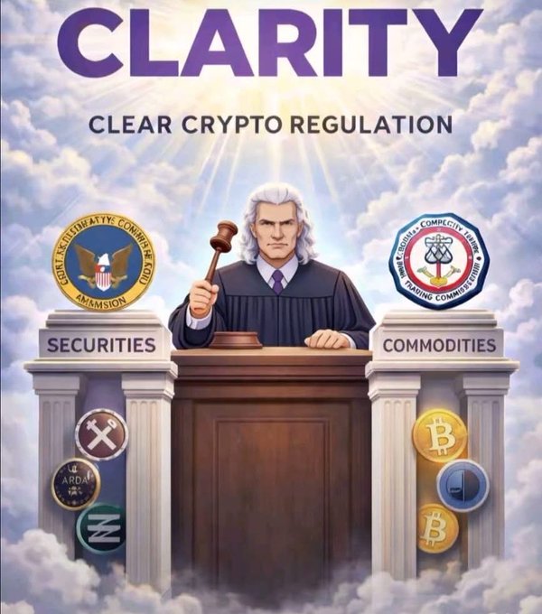 A graphic titled 'CLARITY: CLEAR CRYPTO REGULATION' depicts a judge with a gavel between pillars labeled 'SECURITIES' and 'COMMODITIES,' surrounded by crypto coin logos like Bitcoin and Cardano.