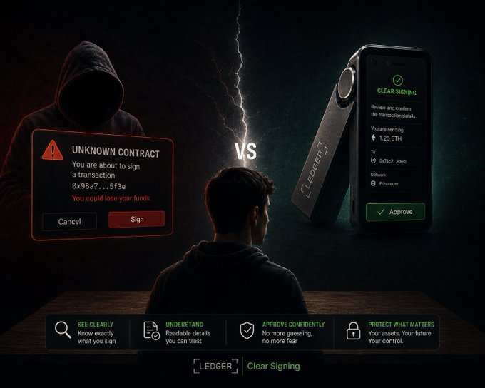 A Ledger advertisement comparing the risks of signing an unknown contract on a regular wallet versus the security of Clear Signing on a Ledger hardware device showing a 1.25 ETH transaction.