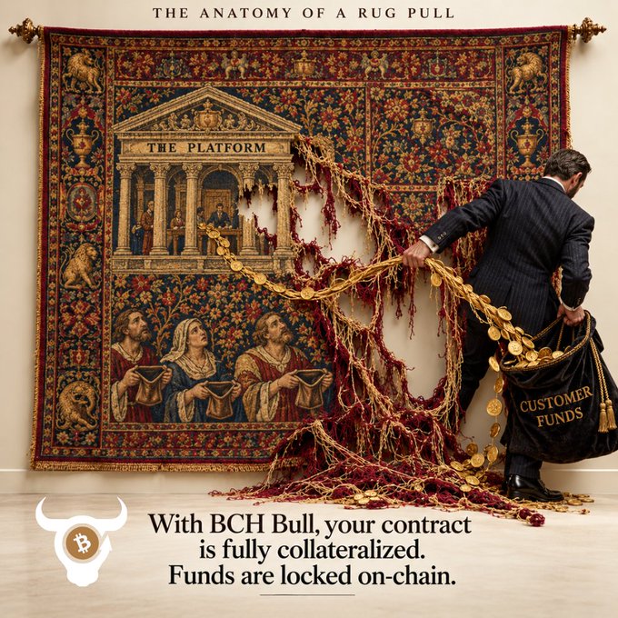 A promotional graphic titled 'THE ANATOMY OF A RUG PULL' showing a man pulling gold coins from a tapestry depicting 'THE PLATFORM,' accompanied by text promoting BCH Bull and on-chain locked customer funds.