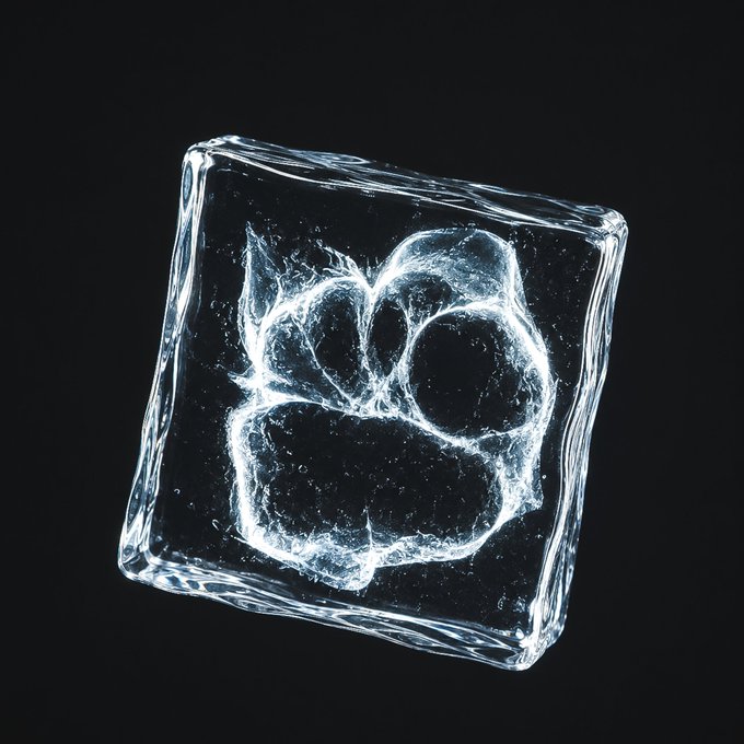 A glowing ethereal paw print design contained within a transparent ice-like cube against a black background.