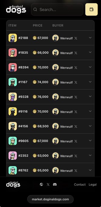 A mobile screenshot shows the 'Doginal Dogs' marketplace listing various pixel-art dog NFTs with prices ranging from 63,000 to 76,000 DOGs, all with 'Werwulf' listed as the buyer.