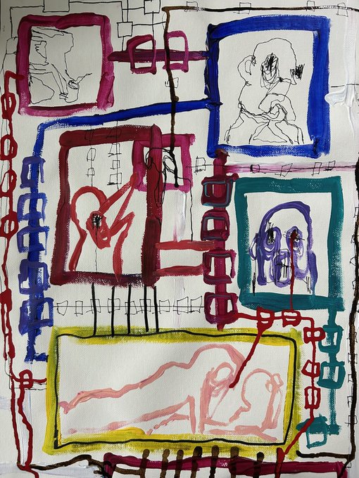 An abstract mixed-media painting featuring colorful framed figures (red, blue, teal, yellow) drawn with expressive lines and chain-like motifs connecting the panels.