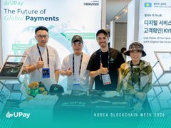 A promotional image for 'Upay' featuring 'The Future of Global Payments' banner with four people posing at what appears to be the 'Korea Blockchain Week 2024' event, with Korean text including '디지털 자산 고객확장(KYC)' visible.