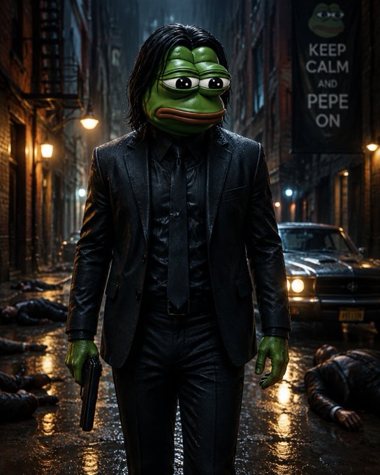 A digitally edited image of the Pepe the Frog meme character styled like the character John Wick, wearing a black suit and tie, holding a gun in a rainy dark alley with bodies on the ground. A poster reads 'KEEP CALM AND PEPE ON'.