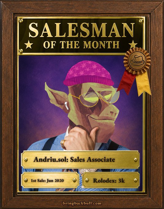 A stylized "Salesman of the Month" award plaque features a pink-capped, sunglass-wearing goblin-like character with the text "Andriu.sol: Sales Associate," "1st Sale: Jun 2020," and "Rolodex: 3k," promoting Solana as a solution to crypto problems and inviting viewers to a Thursday 2PM UTC Ecosystem Call on bringbackbull.com.