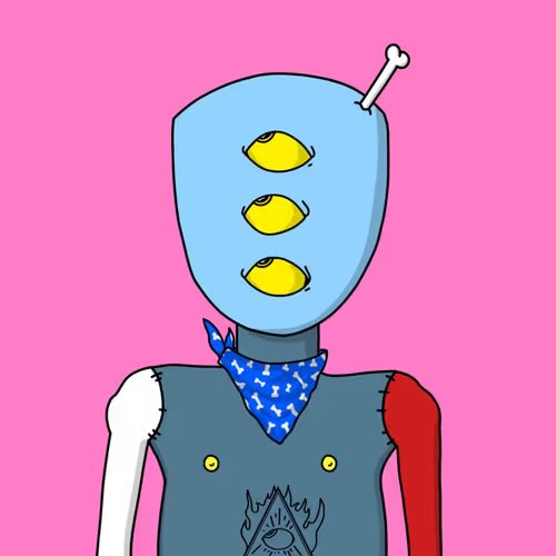 A surreal cartoon character with a blue head featuring three yellow eyes, an antenna, a blue bandana, mismatched arms, and a vest with a triangular eye symbol against a pink background.