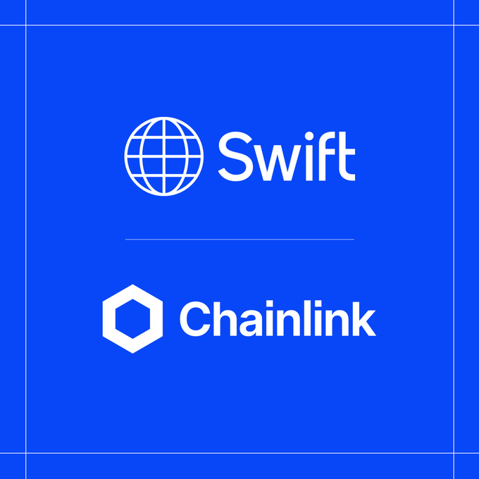 A blue graphic displaying the white logos for "Swift" (with a globe icon) and "Chainlink" (with a hexagon icon) separated by a horizontal line.
