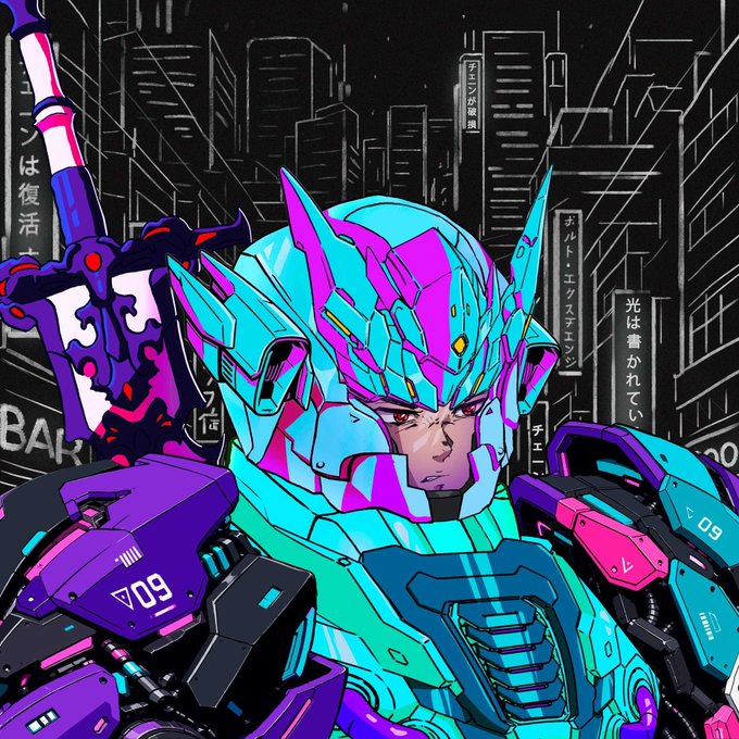 Vibrant cyberpunk-style artwork featuring a character in elaborate teal and magenta mecha armor, with Japanese text visible on the buildings in the background cityscape.