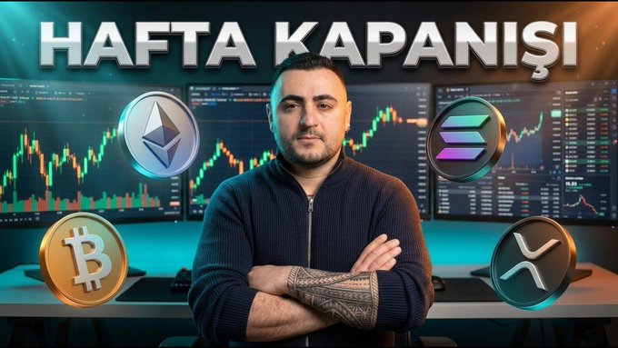 A man with crossed arms stands confidently in front of multiple trading screens displaying candlestick charts, surrounded by floating cryptocurrency logos including Bitcoin (₿), Ethereum (Ξ), Solana (◎), and XRP, with bold Turkish text "HAFTA KAPANIŞI" (Weekly Closing) above him—directly tying to the video's theme of reviewing the weekly Bitcoin and crypto market status.