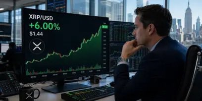 A man in a suit analyzing a computer screen displaying 'XRP/USD +6.00% $1.44' with an XRP logo and a rising price chart.