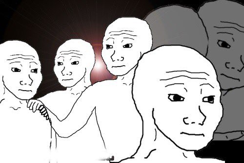 Several Wojak-style meme characters with somber, disappointed expressions are gathered together against a dark background.