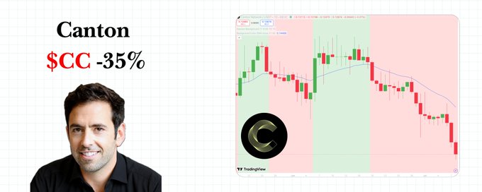 The image features a man beside the text "Canton $CC -35%" alongside a TradingView candlestick chart showing the token's steep downtrend, visually illustrating the 35% drop from ATH despite the network's strong fundamentals like $360B in represented assets.