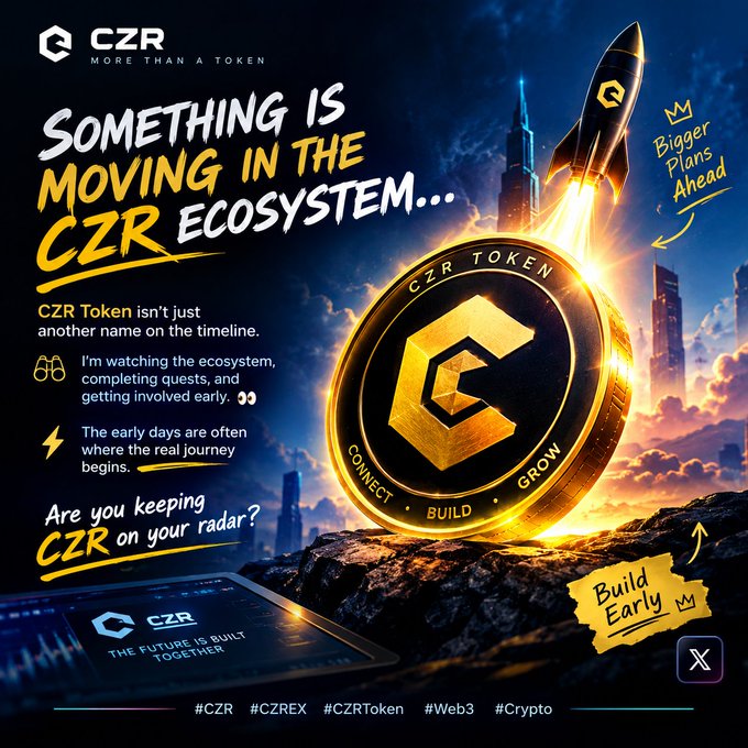 A promotional graphic for CZR Token with the text 'Something is moving in the CZR ecosystem...' featuring a gold coin, rocket, and hashtags #CZR #CZREX #CZRToken #Web3 #Crypto.
