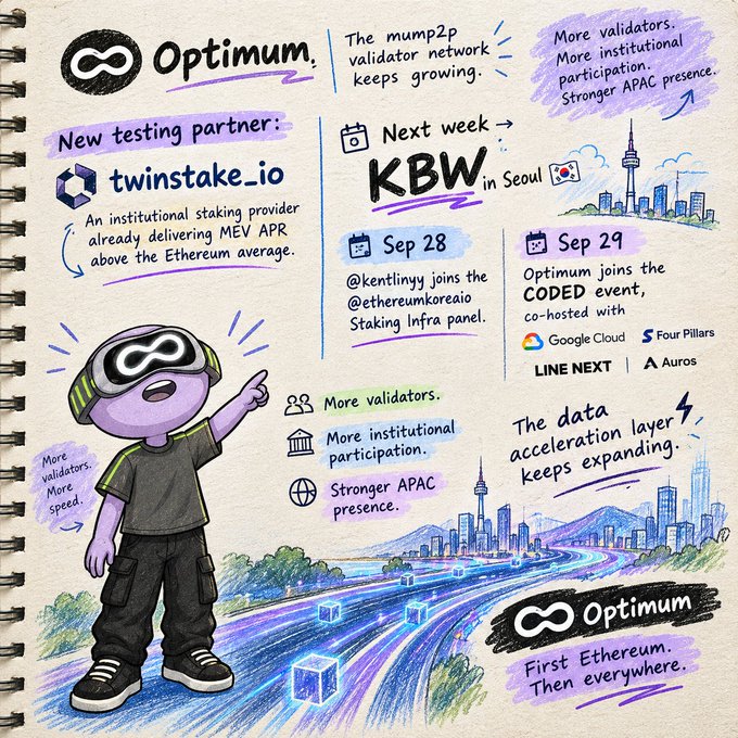 A promotional hand-drawn infographic for "Optimum," highlighting "New testing partner: twinstake_io," events at "KBW in Seoul," "Sep 28," and "Sep 29," alongside a cartoon mascot in VR goggles.