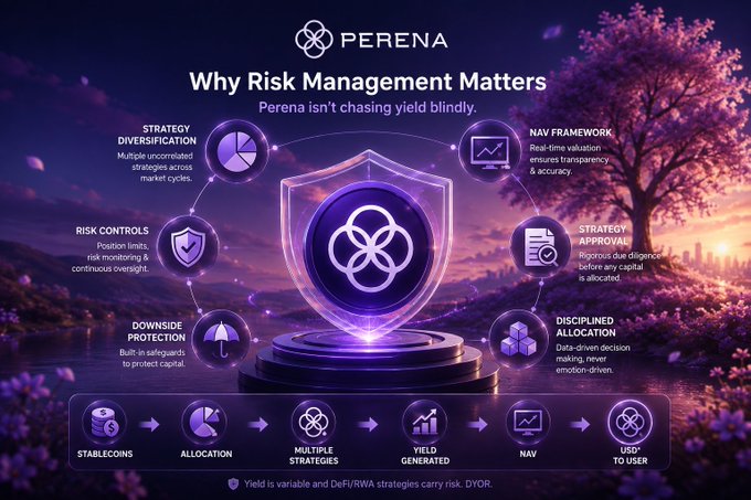 A promotional infographic for Perena titled "Why Risk Management Matters," featuring a central shield emblem surrounded by six pillars—Strategy Diversification, NAV Framework, Risk Controls, Strategy Approval, Downside Protection, and Disciplined Allocation—set against a purple-toned landscape with cherry blossoms, while a bottom flow diagram illustrates the process from Stablecoins through Allocation, Multiple Strategies, Yield Generation, NAV, to USD* to User, reinforcing the message that Perena prioritizes structured risk management over chasing yield blindly.