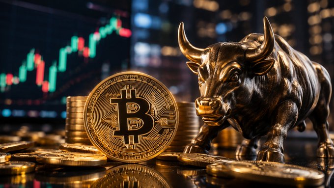 A bronze bull statue stands next to a physical Bitcoin token on a pile of gold coins, with a green and red stock market candlestick chart displayed in the background.