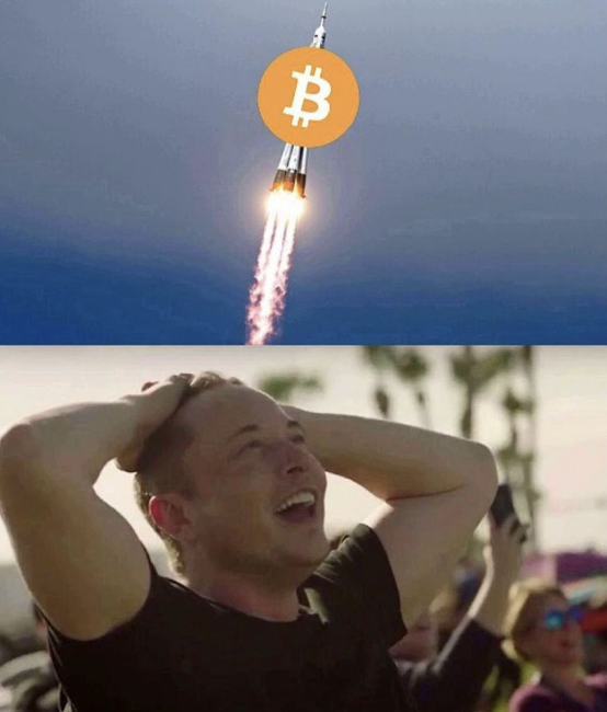 A meme featuring Elon Musk looking amazed below a rocket launching with a Bitcoin logo, referencing Bitcoin's price surge.