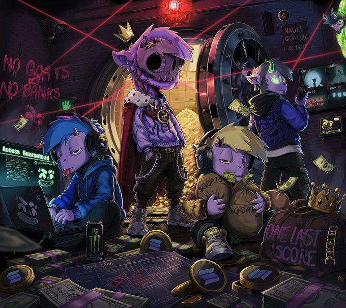 A group of purple-skinned "GOAT" characters plans a heist in a vault, with one character labeled as the "KING OF GOATS" wearing a crown, surrounded by money bags marked "GOATS," scattered cash, and a blueprint of "The Vault."

Key text visible includes: "NO GOATS NO BANKS," "VAULT GOAT-001," "KING OF GOATS," "ONE LAST SCORE" on a money bag, "Access Granted," "ALARM," "Game Level," and an "ART RENAISSANCE ON SOLANA" branding stamp.