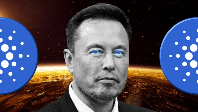 An image of Elon Musk with glowing blue eyes against a cosmic background, flanked by two blue Cardano (ADA) logos.