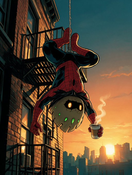 Comic-style illustration of Spider-Man hanging upside down from a fire escape, holding a steaming cup of coffee against a sunset cityscape.